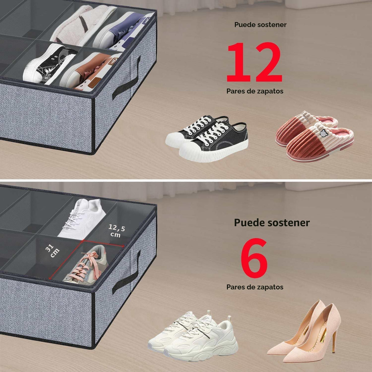 X2 Organizador Zapatos Bajo Cama Almacenamiento Gris
