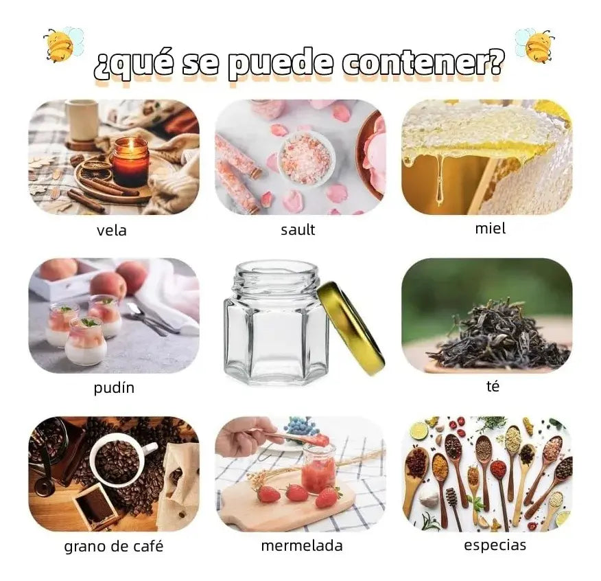 30 Tarros De Miel 45 Ml Hexagonales Con Tapón Vidrio