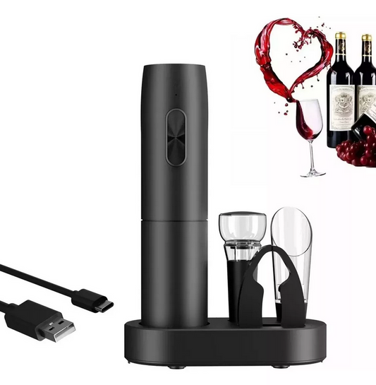 Kit Sacacorcho Descorchador De Vino Eléctrico Recargable Color Negro