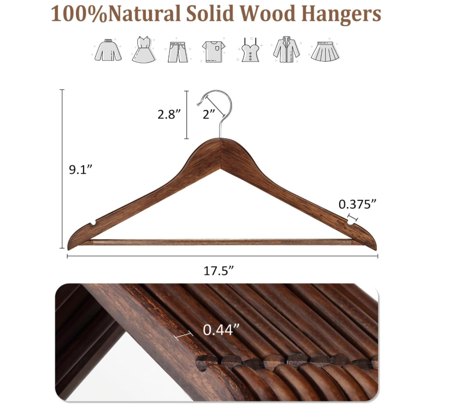 Set 20 Colgadores De Madera Ganchos Para Ropa Marrón 44.5cm