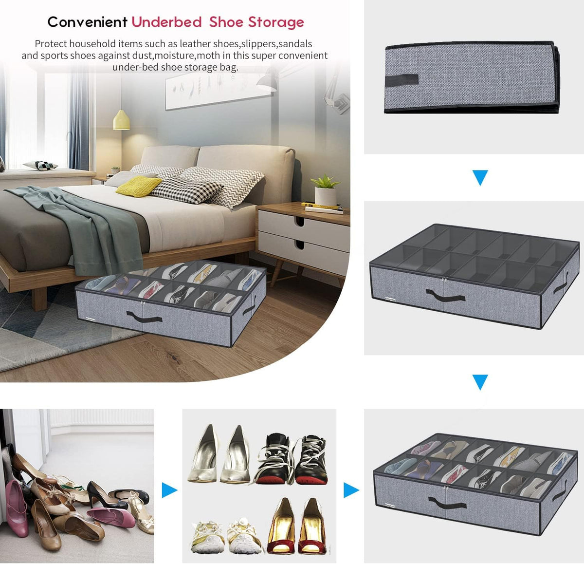 X2 Organizador Zapatos Bajo Cama Almacenamiento Gris