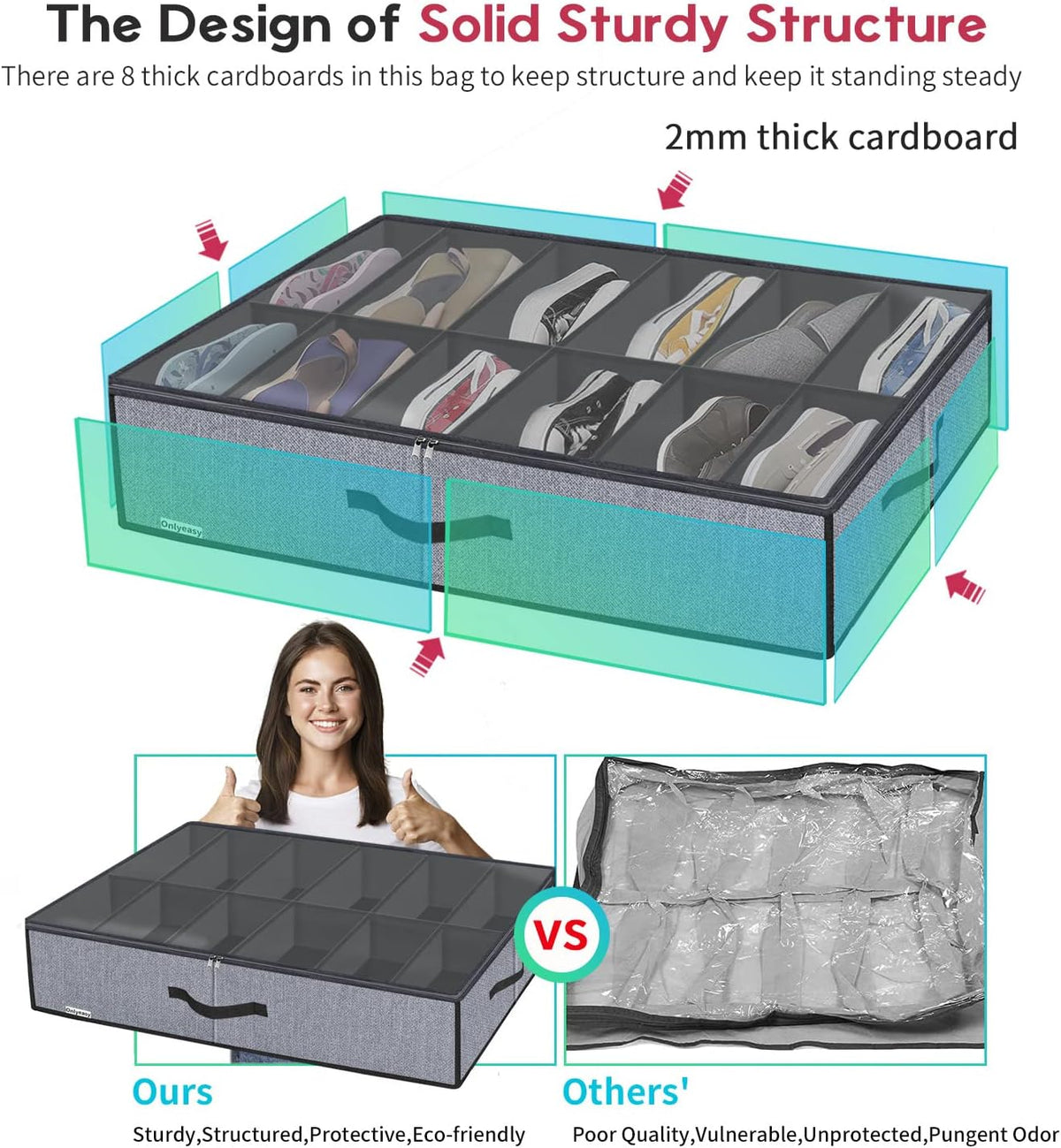 X2 Organizador Zapatos Bajo Cama Almacenamiento Gris