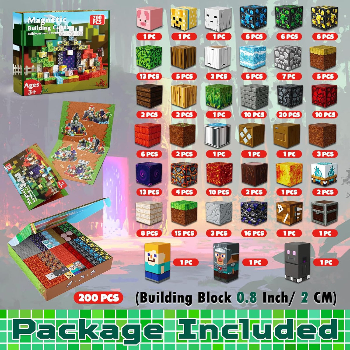 Set 200 Bloques Construcción Magnéticos Minecraft Para Niños