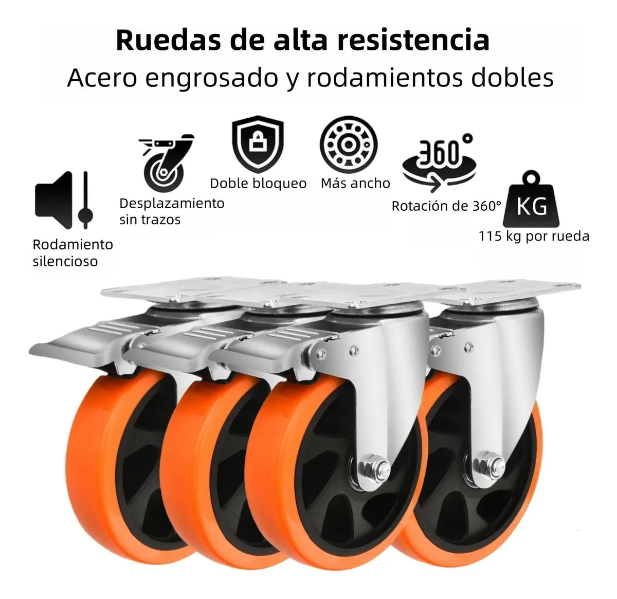 Set 4 Ruedas Giratorias Con Freno 4 Pulgadas Naranja