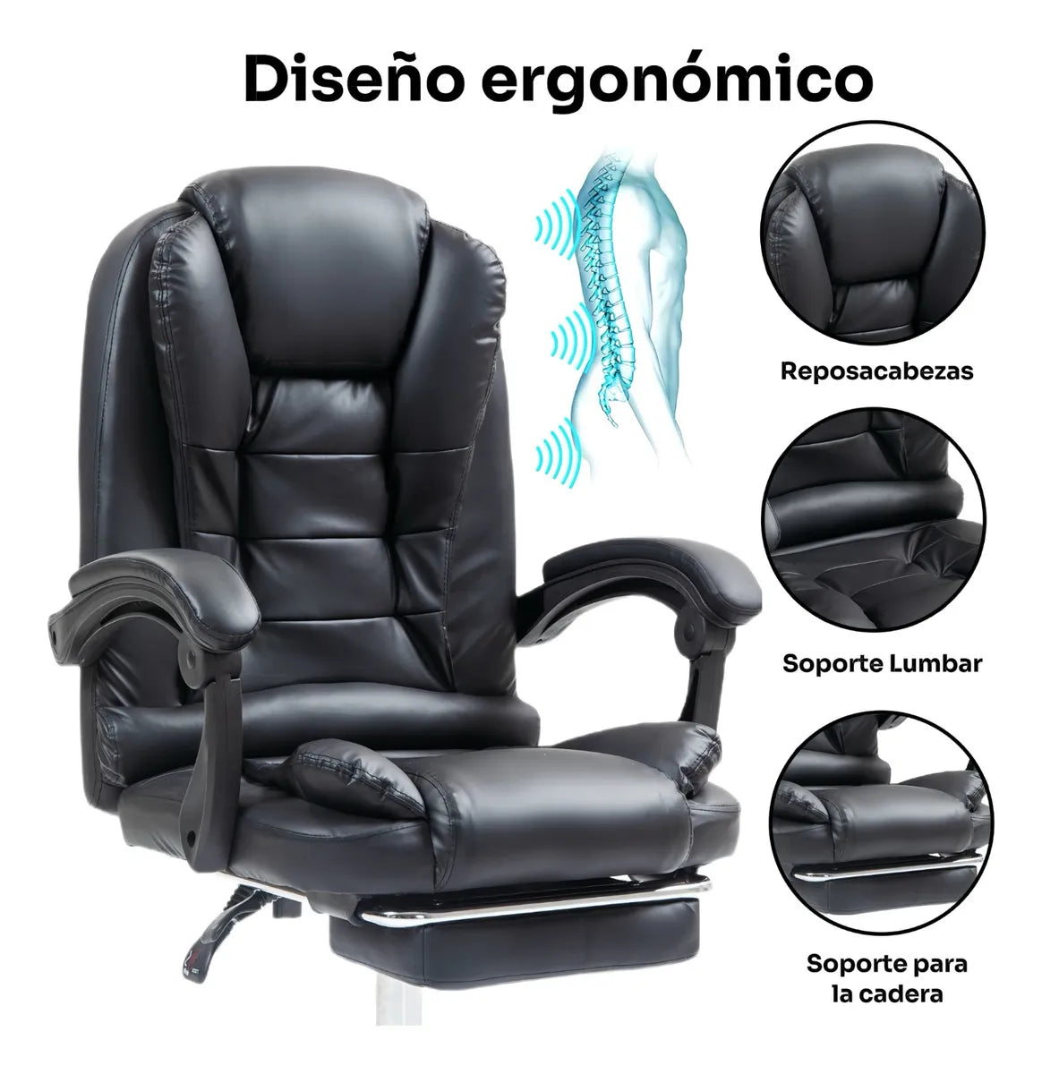 Silla De Oficina Ejecutiva Ergonómica Cuero Sintético Negro
