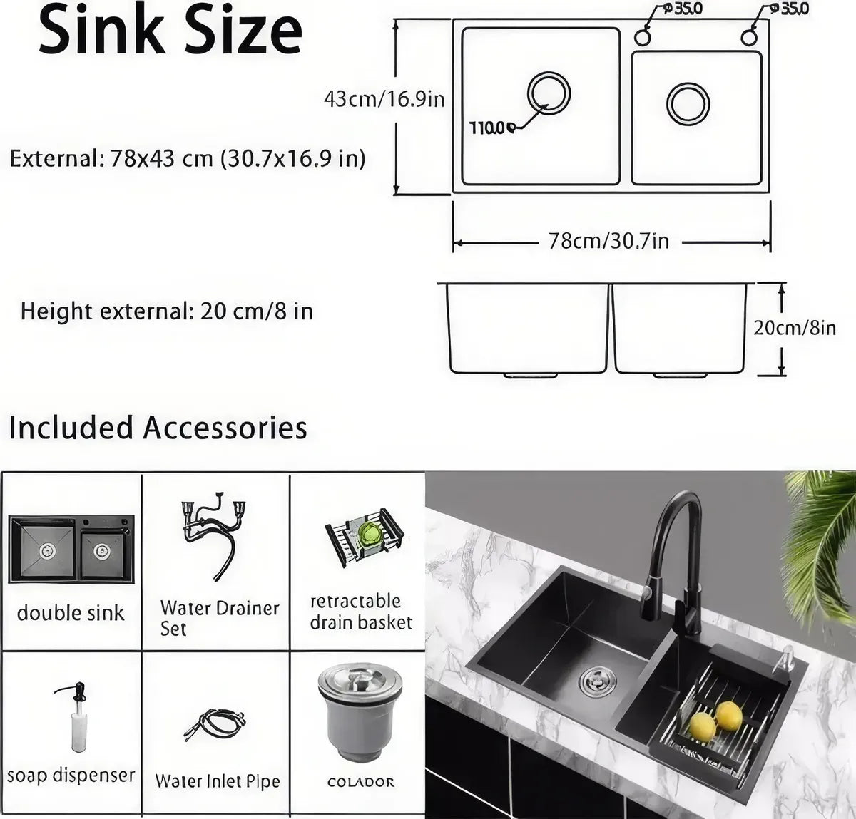Lavaplatos De Cocina Empotrable 78x43cm Con Accesorios Negro