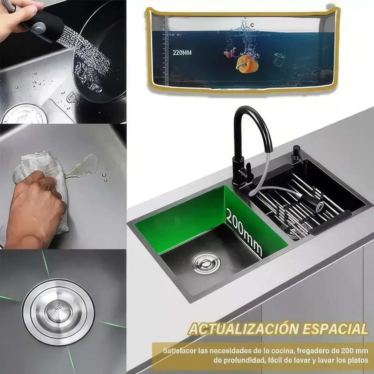 Lavaplatos De Cocina Empotrable 78x43cm Con Accesorios Negro