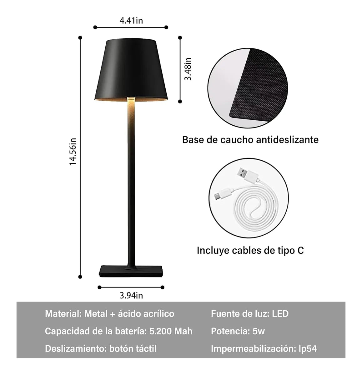 Lampara De Mesa Escritorio Lectura Led Luz Recargable Negro