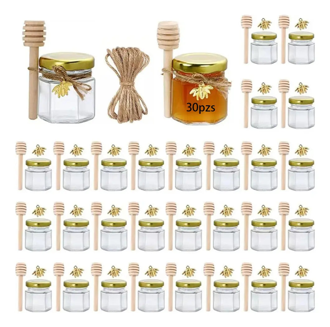 30 Tarros De Miel 45 Ml Hexagonales Con Tapón Vidrio