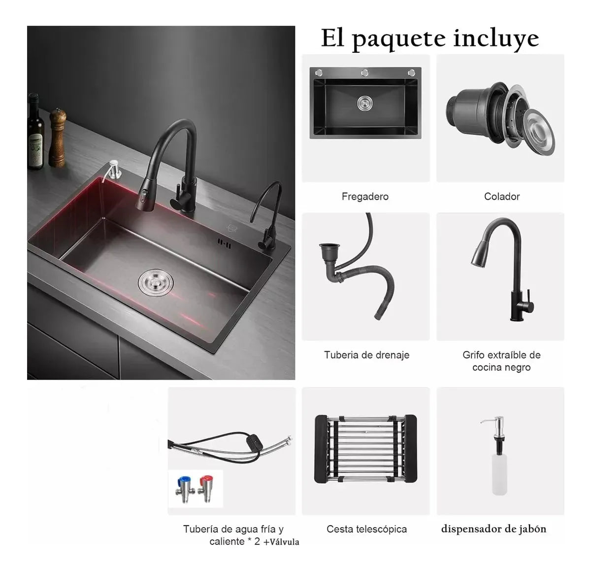 Lavaplatos De Cocina Empotrable 55x45cm Con Accesorios Negro