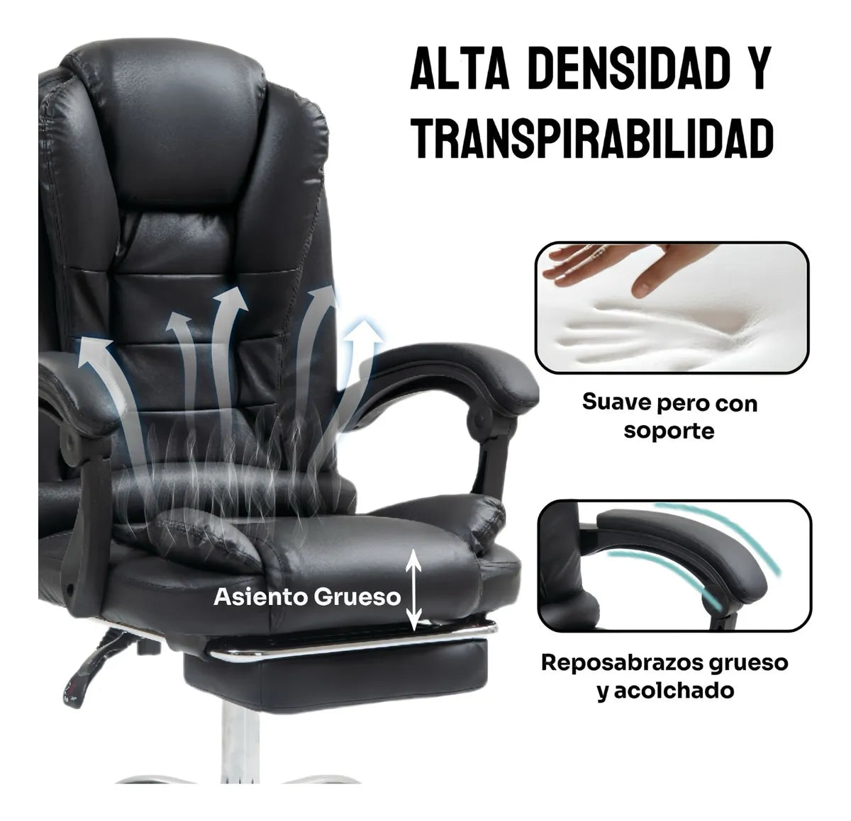 Silla De Oficina Ejecutiva Ergonómica Cuero Sintético Negro