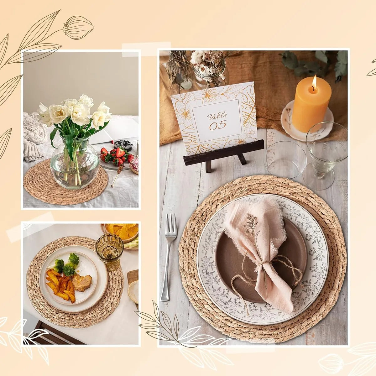 Set 6 Individuales Mantel Fibra Natural Yute 35cm Beige