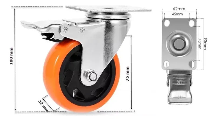 Set 4 Ruedas Giratorias Con Freno 3 Pulgadas Naranja