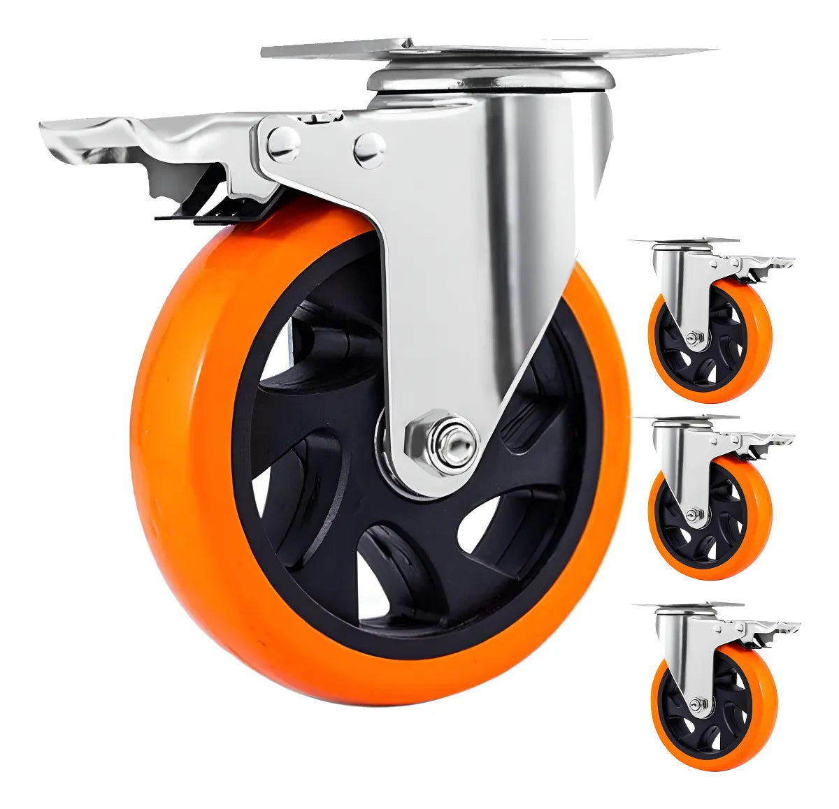 Set 4 Ruedas Giratorias Con Freno 4 Pulgadas Naranja