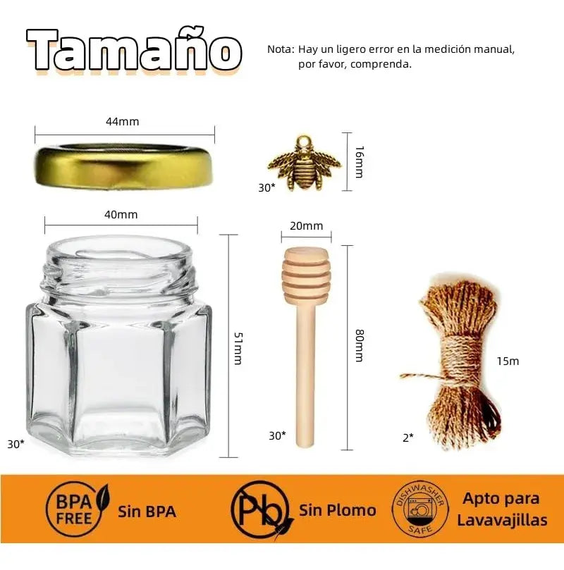 30 Tarros De Miel 45 Ml Hexagonales Con Tapón Vidrio