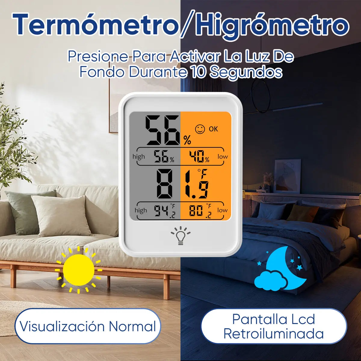 Higrómetro Digital Termómetro Pantalla Retroiluminada Blanco