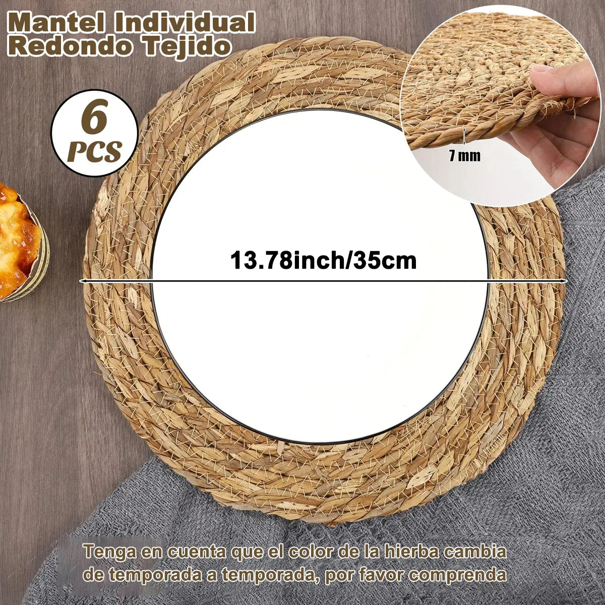 Set 6 Individuales Mantel Fibra Natural Yute 35cm Beige