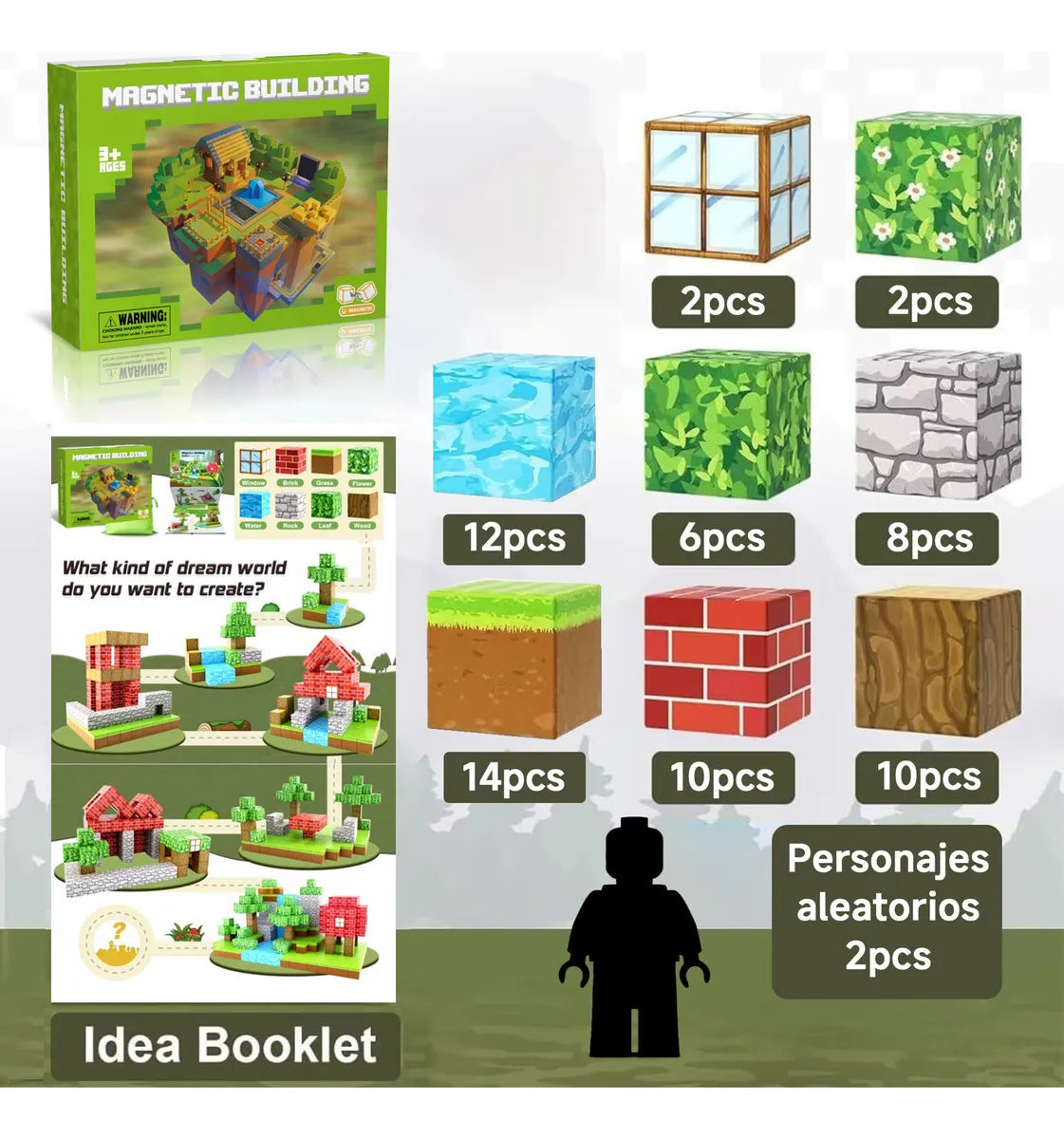 Set 64 Bloques Construcción Magnéticos Minecraft Para Niños