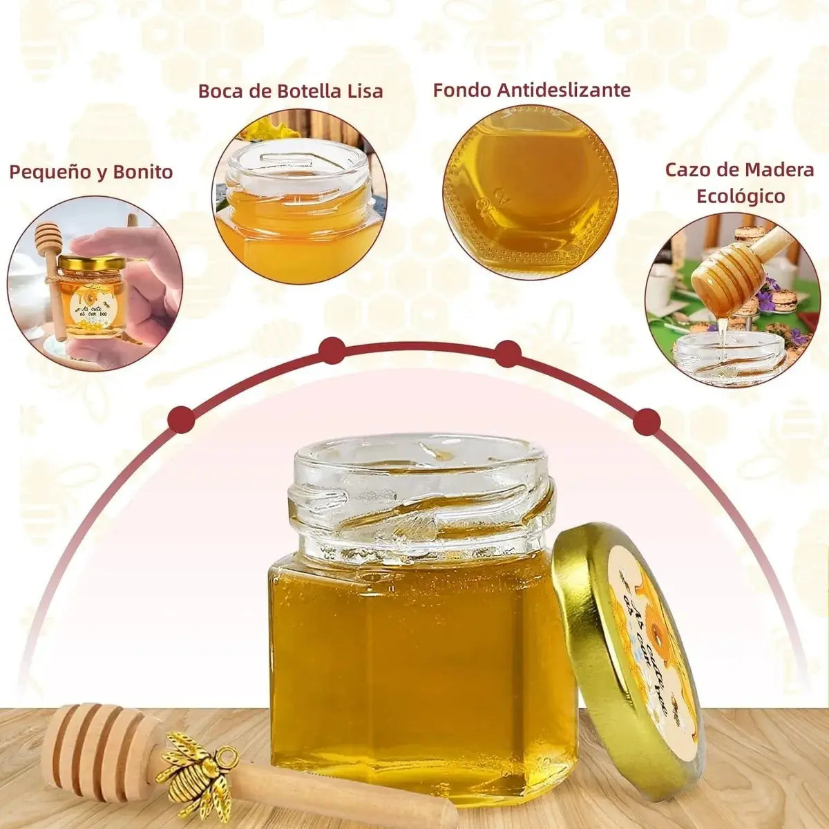 30 Tarros De Miel 45 Ml Hexagonales Con Tapón Vidrio
