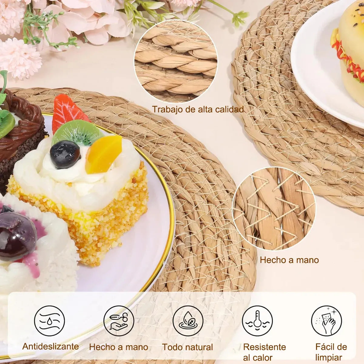Set 6 Individuales Mantel Fibra Natural Yute 35cm Beige